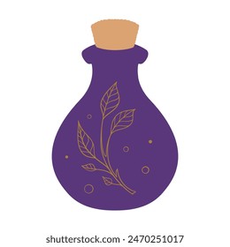A magic purple glass bottle with a floral motif inside it. Flat style vector illustration.