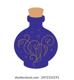 A magic purple glass bottle with a floral motif inside it. Flat style vector illustration.