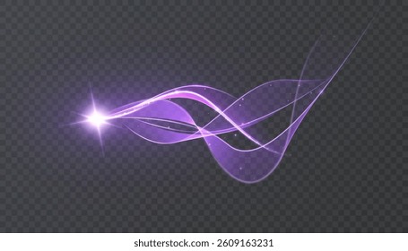 Magic purple glowing wave with shimmering light stripes and twinkling curves of bright comet. Vector