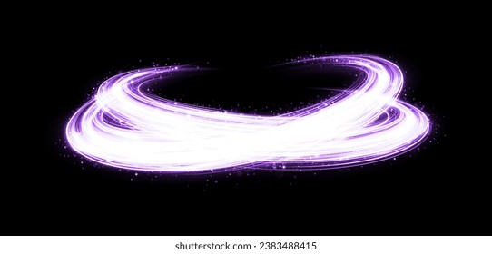 Magic purple light trail with bright stars. Sparkle twirl circles with light effect. Glitter swirl rings twinkle on transparent background.