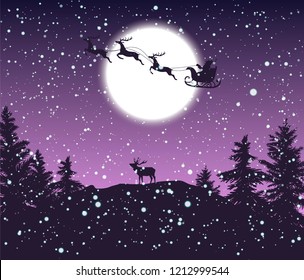magic purple night over forest in Christmas Eve with Santa Claus flying in snowing sky and moose under full moon, vector illustration