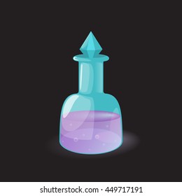 Magic purple potion in the blue bottle with stopper game icon. Vector design for app user interface