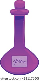 Magic purple potion flask vector flat illustration. Cartoon isolated glass bottle with a corkwood plug and elixir. Witch poison game asset, alchemist apothecary vial
