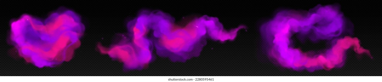 Magic purple powder and smoke cloud vector effect. Abstract vapor explosion on transparent background. Fog steam with dust texture illustration collection. Violet mix heart mist stream isolated.