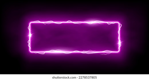 Rectángulo mágico morado de relámpagos púrpura de tormenta. Borde eléctrico mágico y luminoso. Marco de plasma con el efecto de luz eléctrica de rayo de abajo sobre el fondo oscuro.