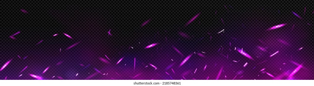 Magic purple sparkles, glitter and flares. Luxury bright effect of flying sparks and shiny particles at night. Vector realistic illustration of abstract glowing splatter and mist