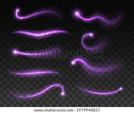 Magic purple sparks, glitters and space stardust, vector light sparkles and glow shine. Purple bokeh waves with neon sparkles effect, flare swirls with shine glowing and glittering particles shimmer Сток-фото © 