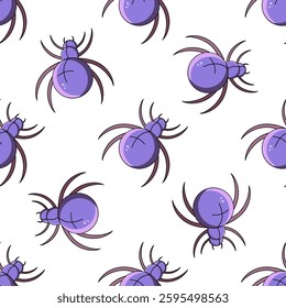 Magic purple spider seamless pattern in cartoon style with white background

