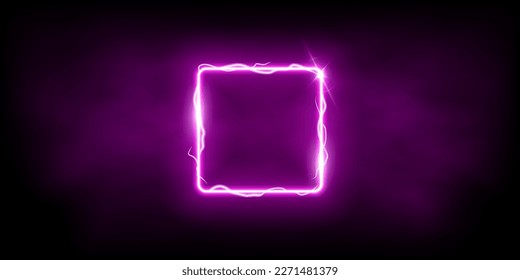 Magic purple square of thunder storm blue lightnings. Magic and bright light effects electric border. Plasma frame with thunderbolt electricity lightning power effect on dark fog background.