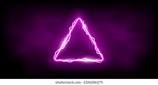 Magic purple triangle of thunder storm blue lightnings. Magic and bright light effects electric border. Pink plasma frame with thunderbolt electricity lightning power effect on dark fog background.