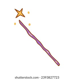 Magic purple wand with star. Tool of wizards, fairies and sorcerers. Colorful vector isolated illustration hand drawn doodle icon clip art