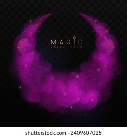 Magic purpure glittering shiny trail. Flows of realistic violet smoke or clouds isolated on black background. Vector illustration