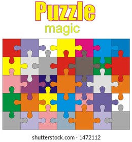 magic puzzle - interesting kids and adullt game, colorful, pictures made of small colored curved elements - vector art