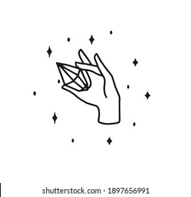 Magic quartz stone sparkles and hovers above the hand. Magic crystal in trendy linear style on light background. Mystical retro symbols for spiritual practices of ethnic magic and astrological rites.