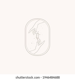 Magic quartz stone sparkles and hovers above the hand. Magic crystal in trendy linear style on light background. Mystical retro symbols for spiritual practices of ethnic magic and astrological rites.