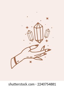Magic quartz stone sparkles and hovers above the hand. Magic crystal in trendy linear style on light background. Mystical retro symbols for spiritual practices of ethnic magic and astrological rites.