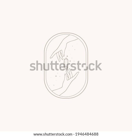 Magic quartz stone sparkles and hovers above the hand. Magic crystal in trendy linear style on light background. Mystical retro symbols for spiritual practices of ethnic magic and astrological rites.
