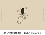 Magic quartz stone sparkles and soars above the hand. Magic crystal in a trendy linear style on a light background. Mystical retro symbols for spiritual practices, ethnic rites. Tattoo sketch.