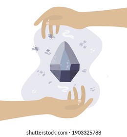 Magic quartz stone sparkles and soars above the hand. hands hold a crystal, a magical stone against a background of magical elements. Vector for spiritual practices, alchemy, alternative medicine