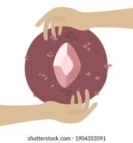 Magic quartz stone sparkles and soars above the hand. hands hold a crystal, a magical stone against a background of magical elements. Vector for spiritual practices, alchemy, alternative medicine