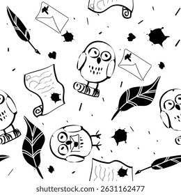 Magic quill owls and parchment pattern seamlless textile design. Vector illustration