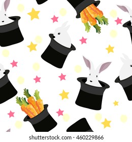 Magic rabbit in hat with carrot colorful seamless background