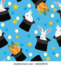 Magic rabbit in hat with carrot colorful seamless background
