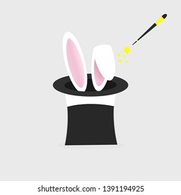 The magic rabbit in a hat. Magic wand. flat style