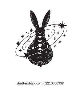 Magic rabbit with stars and space in Scandinavian style. Minimalist mystic hare. Black and white.