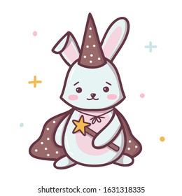 Magic rabbit with a magic wand. Kawaii cartoon character isolated on a white background. Vector illustration.