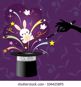 magic- rabbit and magic wand with top hat with floral background.  design element- vector illustration