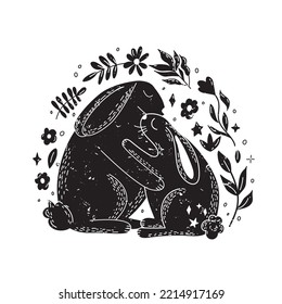Magic rabbits with floral elements in Scandinavian style. Mom and bunny. Black and white.