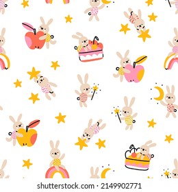 Magic rabbits with stars, birthday cakes, apples and rainbows, nursery baby print, vector seamless pattern
