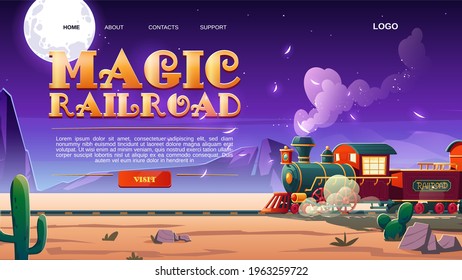 Magic railroad website with steam train in wild west. Children train in amusement park or festival. Vector landing page with cartoon desert landscape with locomotive, rails and cactuses at night