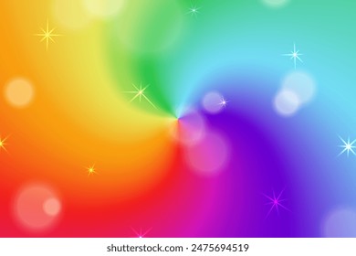 Magic rainbow background with glare and sparks. Conical swirling multicolored gradient.