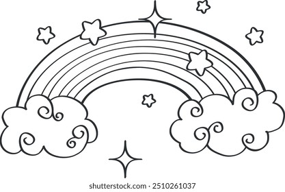 Magic rainbow and clouds line drawing. Fantasy doodle