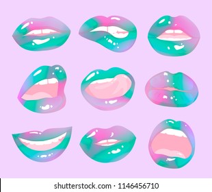 Magic rainbow lips doodle patches. Holographic lips collection. Vector illustration of sexy woman lips with different emotions. Woman mouth with a kiss, smile, tongue and teeth isolated on background.