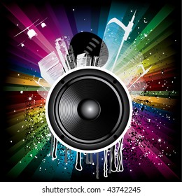 Magic Rainbow Party background with speaker and houses