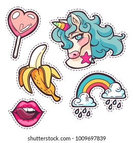 Magic rainbow unicorn, lollipop, banana, lips patches. Trendy fashion hand drawn embroidery cute stickers pack in cartoon style. Teenage pin set. Vector illustration isolated on white.