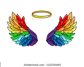 Magic rainbow-colored wings in 80s-90s youth pop art comics style. Wide spread angel wings and halo. Retro fashionable patch element inspired by old cartoons. Vector illustration isolated on white.