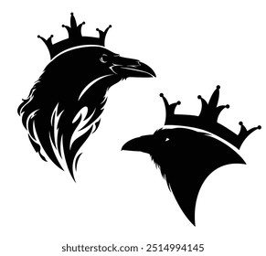 magic raven bird wearing royal crown - medieval style fairy tale king animal black and white vector design set