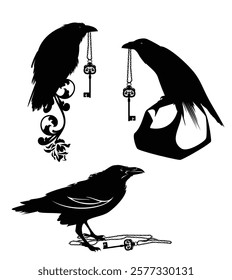 magic raven birds holding mysterious antique style skeleton key on chain - mystical animal black and white vector design set