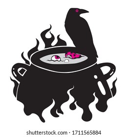 Magic Raven is sitting on a cauldron. Magical fire. Isolated image. Vector image. Witch's art