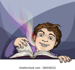 Magic of reading, boy opening a glowing book, vector illustration