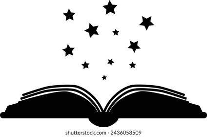Magic reading icon. Open book with thick book cover and black soft stars flying out sign. Open book symbol. flat style.
