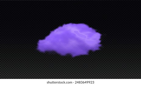 Magic realistic purple fluffy cloud isolated on black background. Mystical poisonous fog or smoke. Bad weather. Storm. Abstract decorative element. Vector illustration.