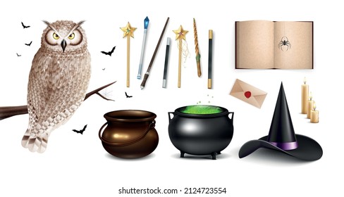 Magic realistic set of magic book magic wand candles owl hat pot with potion isolated icons on white background vector illustration