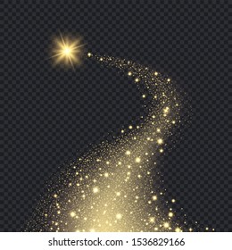 Magic realistic stars. Glowing shape from sparks spiral motion graphic bokeh glitter falling golden stars vector background