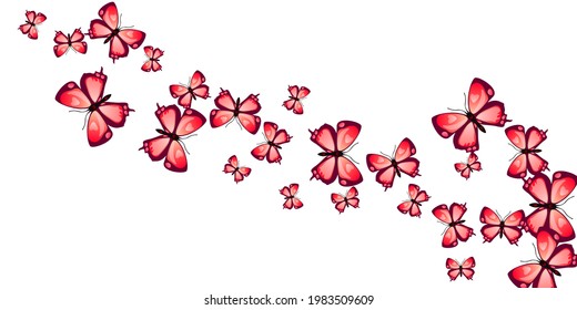 Magic red butterflies flying vector illustration. Summer cute moths. Fancy butterflies flying kids wallpaper. Sensitive wings insects patten. Garden creatures.