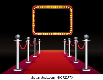 Magic red carpet loop with signboard with light bulbs on black background